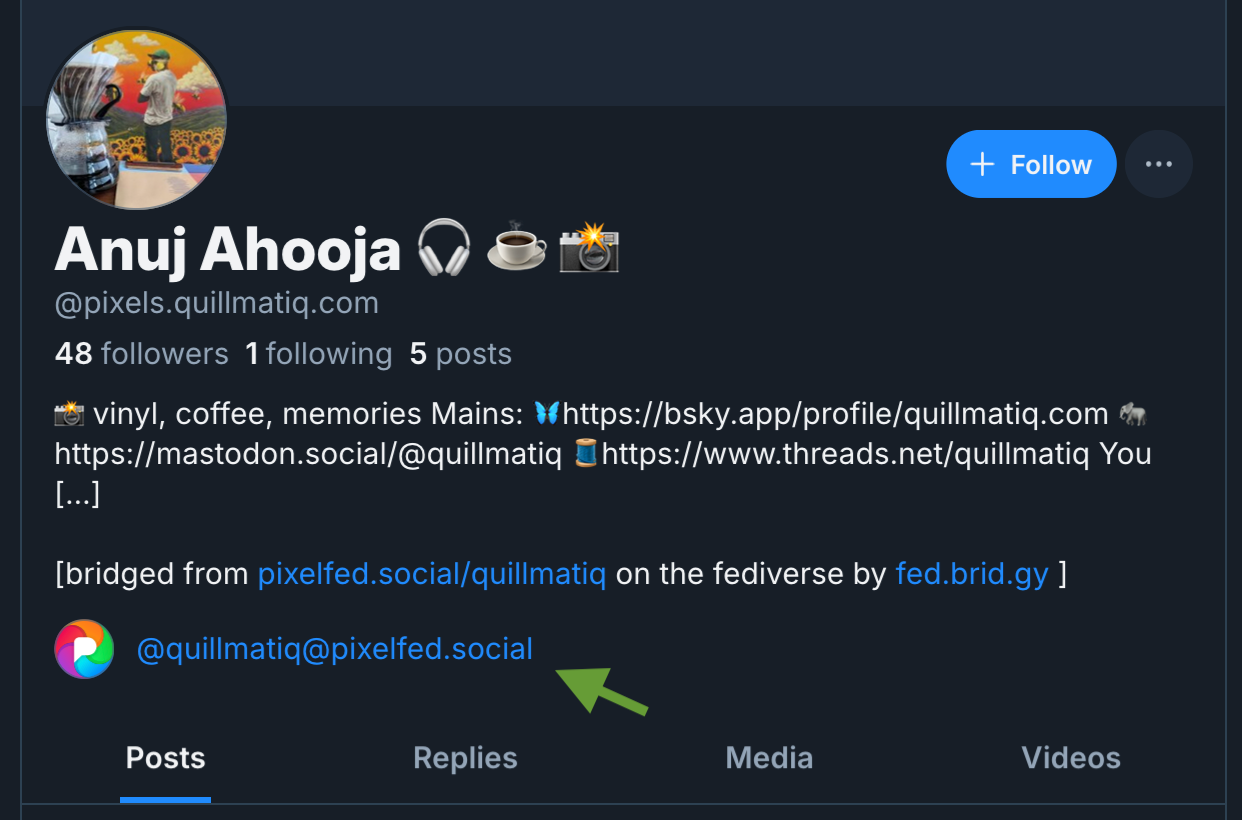 Anuj Ahooja's Bluesky profile. A link to his Pixelfed account has been edited in