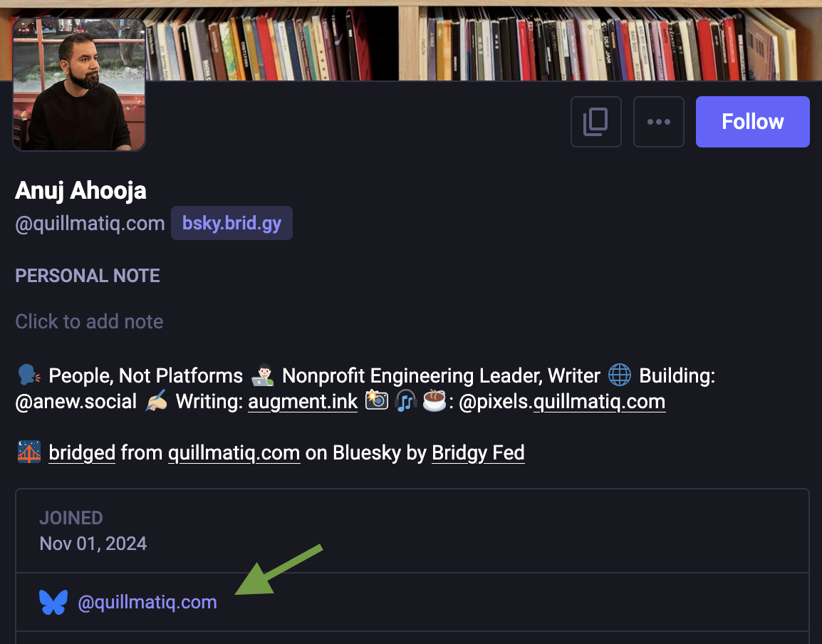 Anuj Ahooja's Mastodon profile. A link to his Bluesky account has been edited in