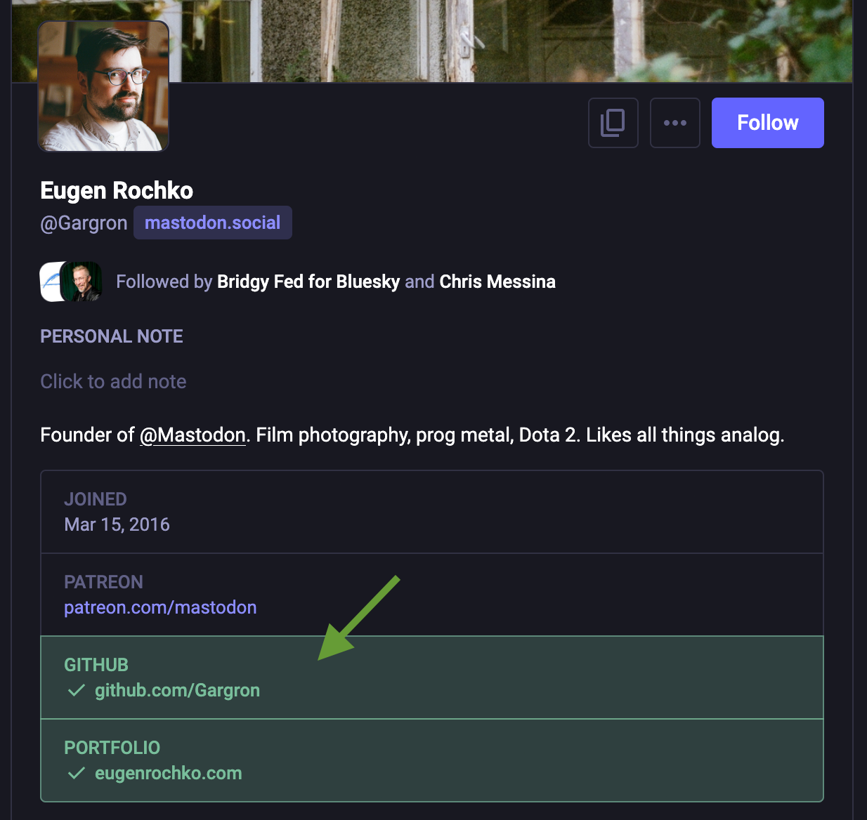 Eugen Rochko's Mastodon profile, with green verified links to his web site and GitHub profile